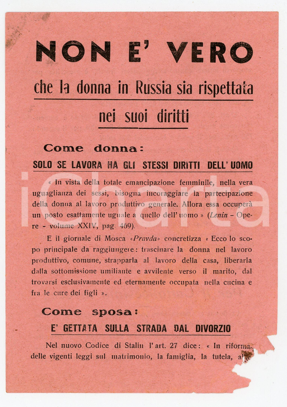 Oggetto da collezione cartaceo 1946 PROPAGANDA I diritti della donna in Russia - Volantino anticomunista 1