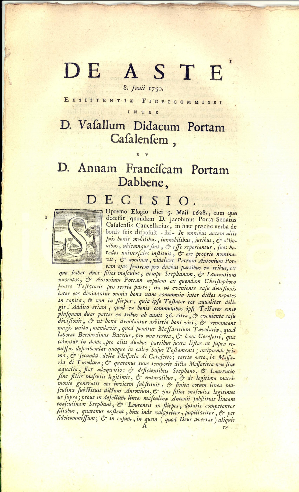 Documento originale, autentico 1750 CASALE MONFERRATO Didaco PORTA vs Anna Francesca DABBENE per fedecommesso 1