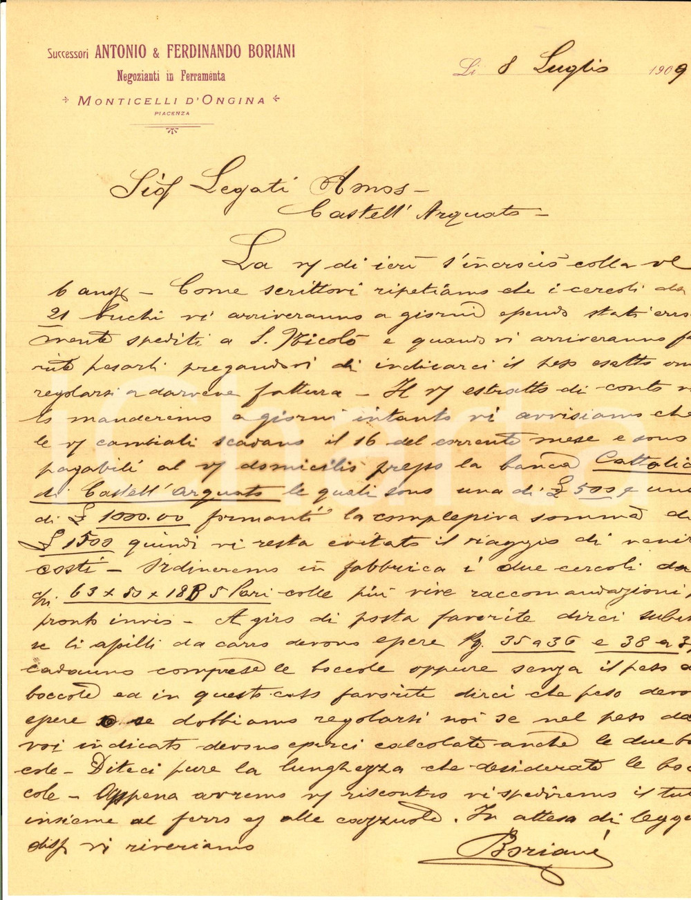 Documento originale, autentico 1928 MONTICELLI D ONGINA PC Ferramenta BORIANI si scusa per errata spedizione 1