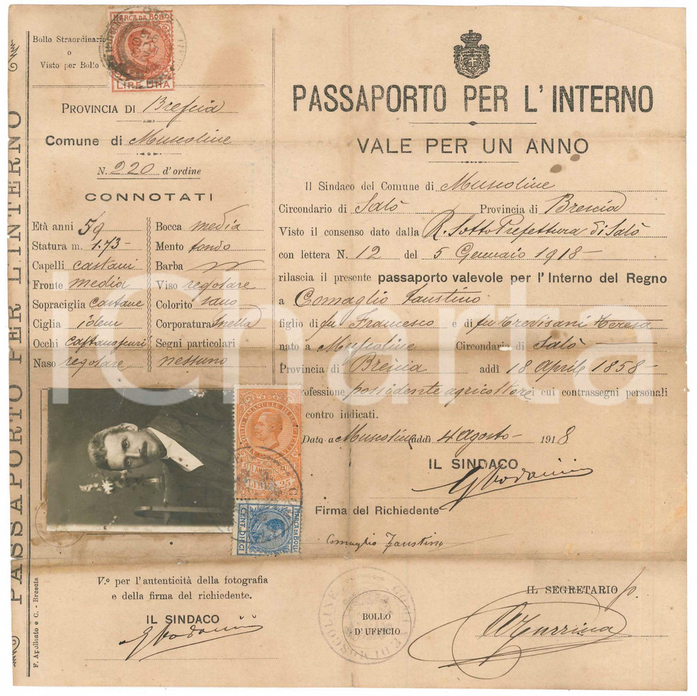 Documento originale, autentico 1918 MUSCOLINE BS Passaporto per l interno di Faustino COMAGLIO possidente 1