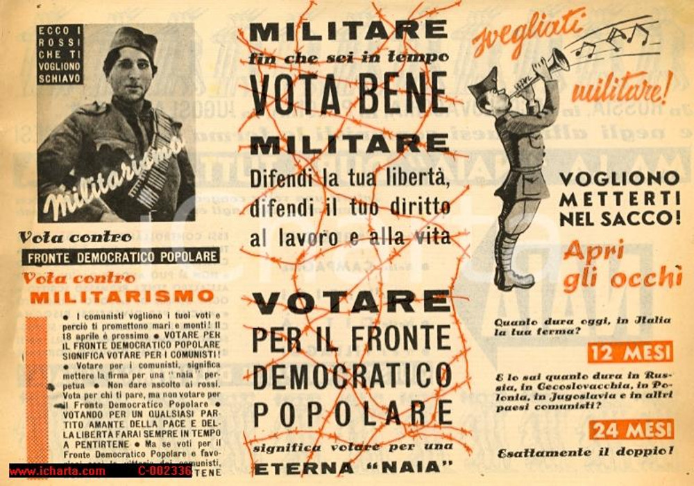 Materiale pubblicitario d’epoca ELEZIONI 1948 - MILITARE VOTA BENE! Naia eterna - Volantino PROPAGANDA 1