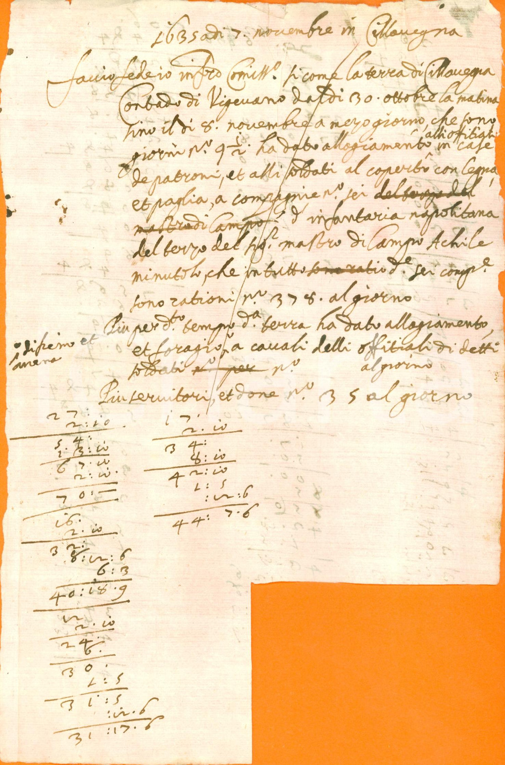 Documento originale, autentico 1635 CILAVEGNA (PV) Fanteria Napoletana di Achille MINUTOLO alloggia in città 1