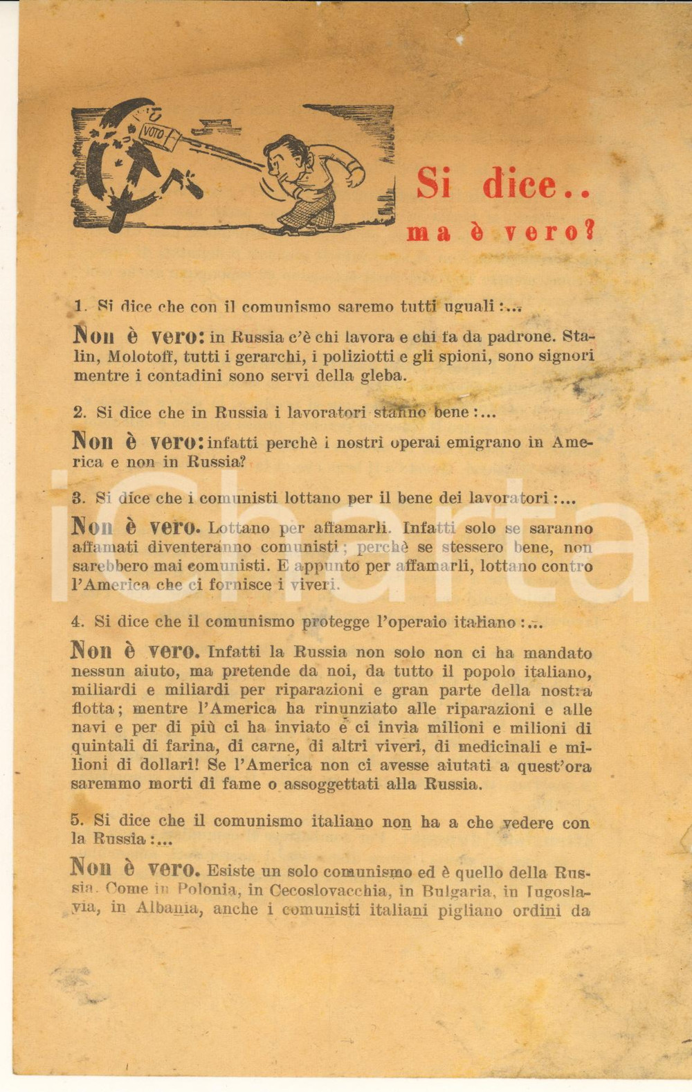 Materiale pubblicitario d’epoca 1948 - Si dice...ma Ã¨ vero? - Volantino propaganda anti PCI 14x23 cm 1