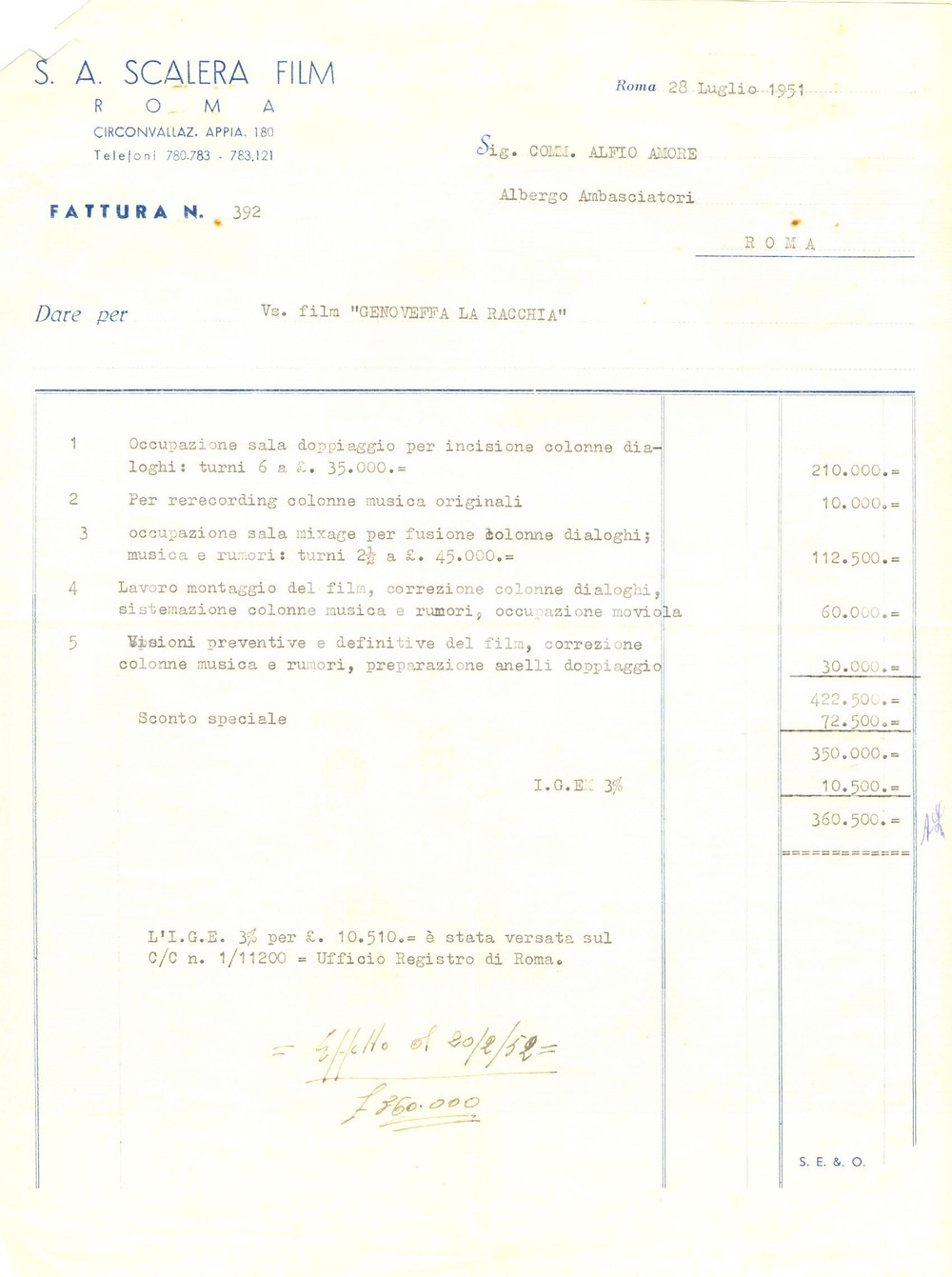 Documento originale, autentico 1951 ROMA CINEMA SCALERA FILM Fattura per doppiaggio  Genoveffa la racchia 1