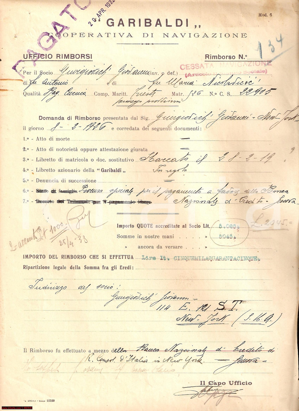Documento originale, autentico 1932 NEW YORK Coop. Navigazione GARIBALDI rimborsa Giovanni GIURGOVICH 1
