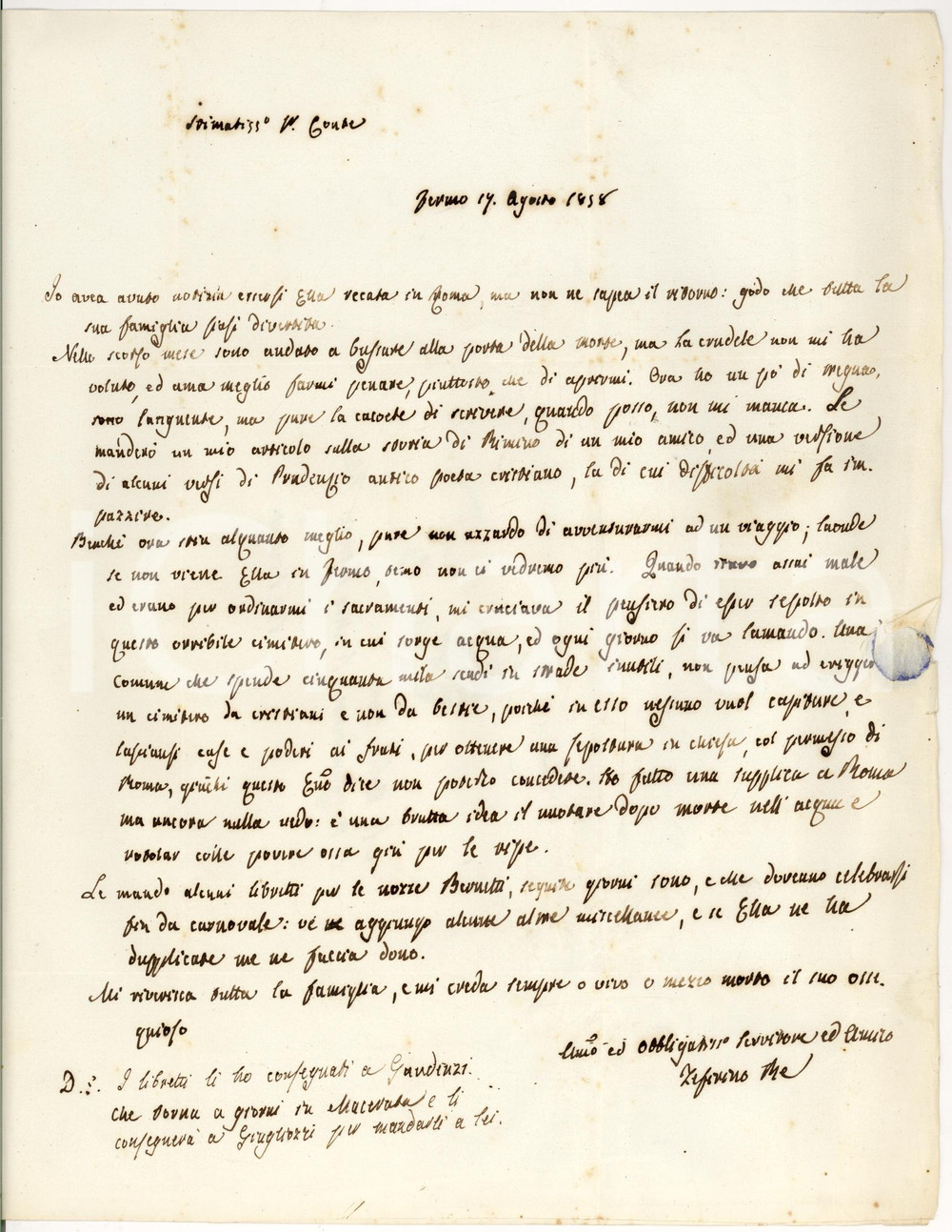 Autografo originale 1858 FERMO Bisogna corrompere frati per sepoltura in chiesa Autogr. Zeffirino RE 1