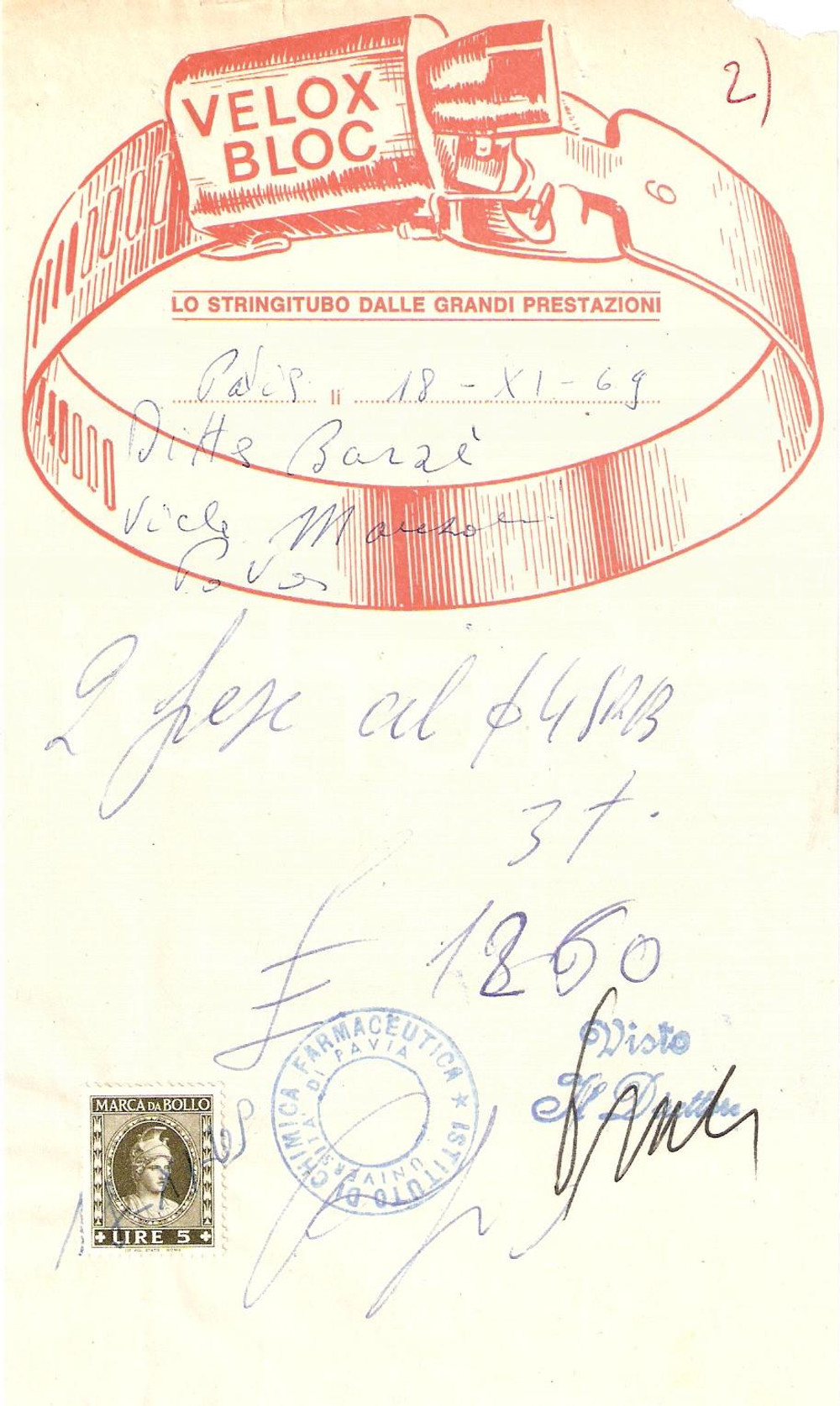 Materiale pubblicitario d’epoca 1969 PAVIA Ditta BARZE' vende stringitubo VELOX BLOC *Ricevuta ILLUSTRATA 1