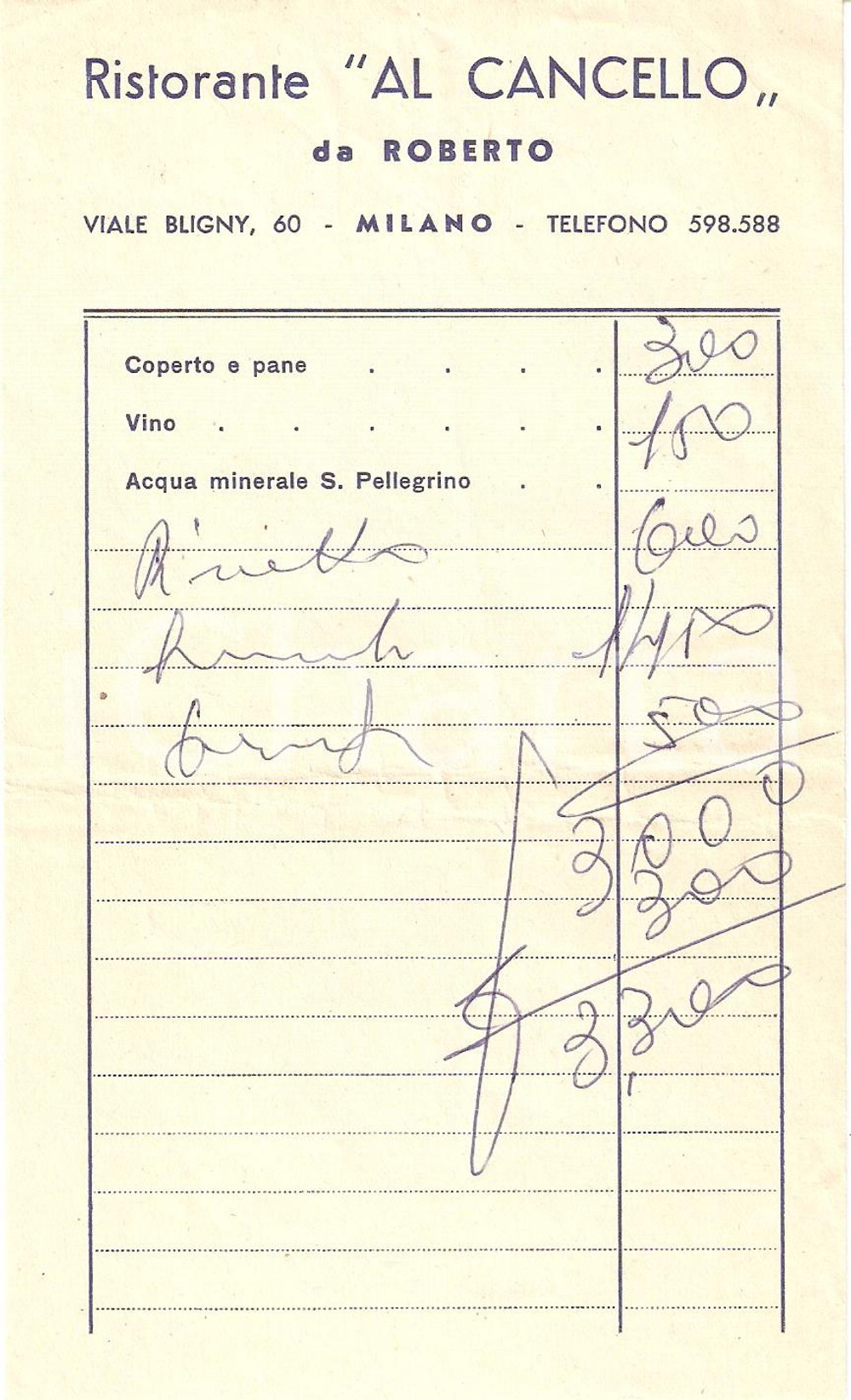 Materiale pubblicitario d’epoca 1969 MILANO Ristorante AL CANCELLO da Roberto *Ricevuta 1