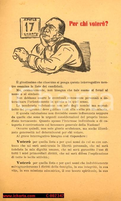 Materiale pubblicitario d’epoca ELEZIONI 1948 - Per chi voterÃ²? - Volantino PROPAGANDA 14x23 cm 1