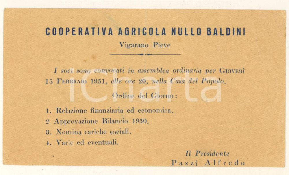 Oggetto da collezione cartaceo 1951 VIGARANO PIEVE Cooperativa Agricola Nullo Baldini - Biglietto assemblea 1