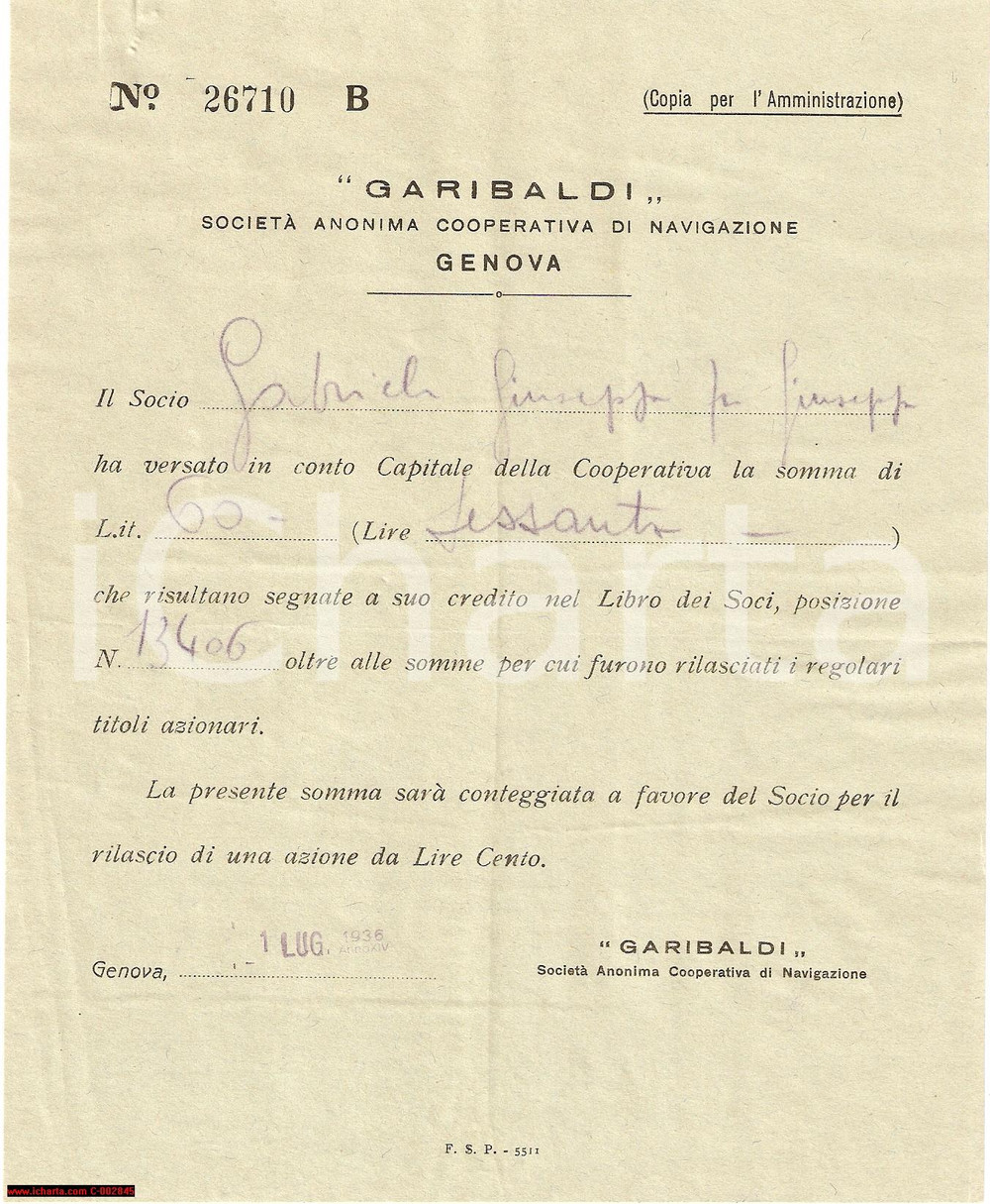Documento originale, autentico 1936 GENOVA  GARIBALDI SocietÃ  Anonima Navigazione  Ricevuta 1