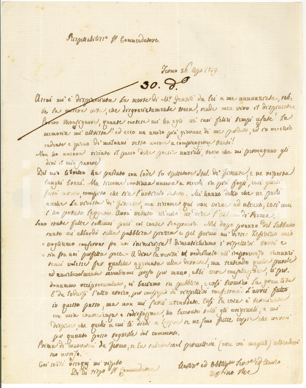 Autografo originale 1859 FERMO Resa dei conti in piazza tra Zeffirino RE e Conte SEMPRONIO Autografo 1