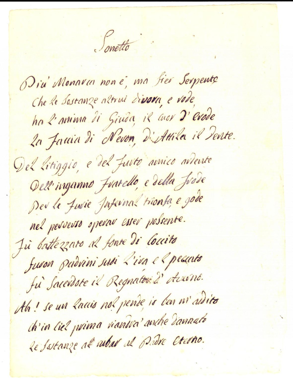 Documento originale, autentico 1820 ca ANONIMO Più monarca non è, ma fier serpente Sonetto INEDITO 1