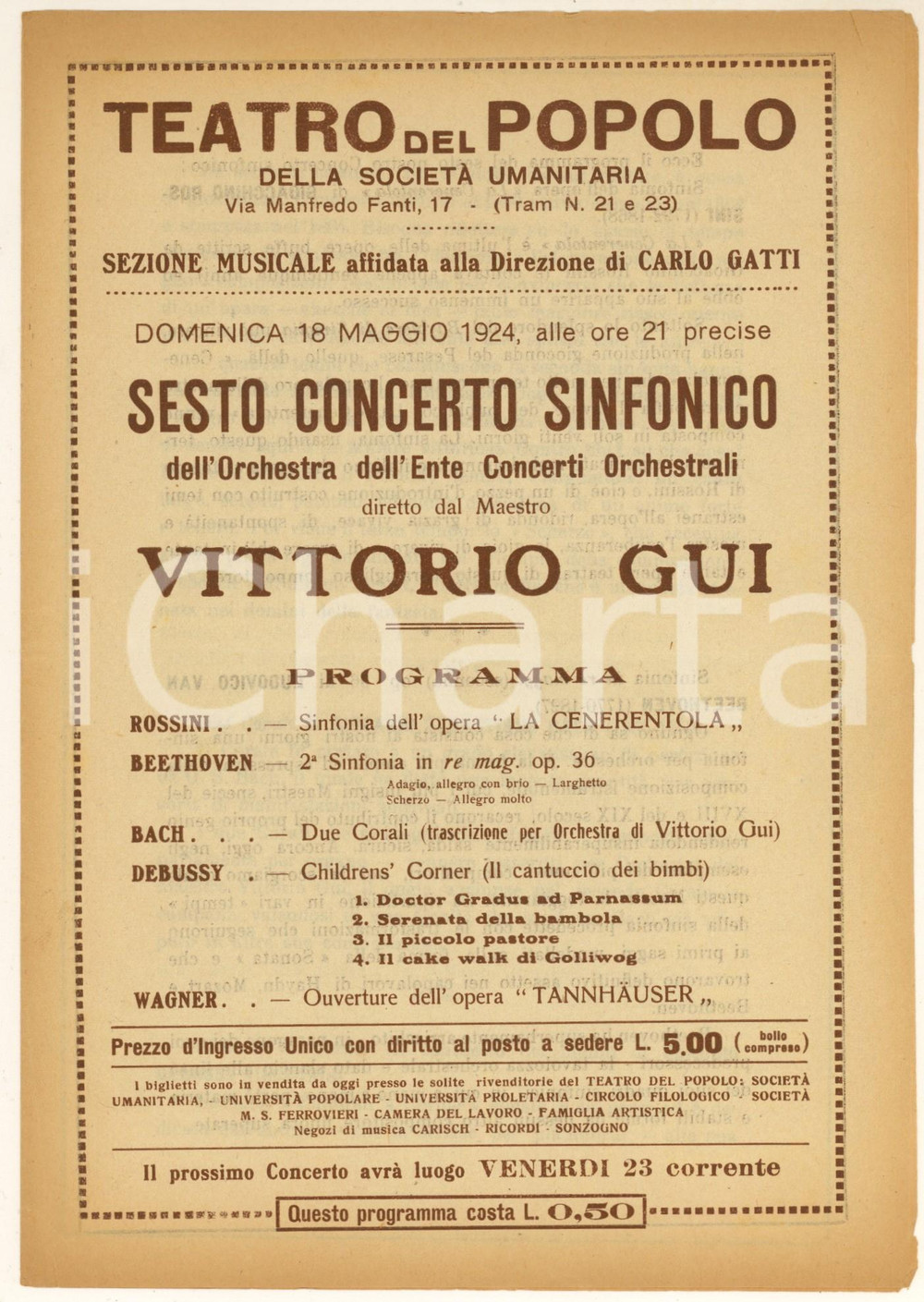 Materiale pubblicitario d’epoca 1924 MILANO Teatro del Popolo Concerto maestro Vittorio GUI *Programma 1