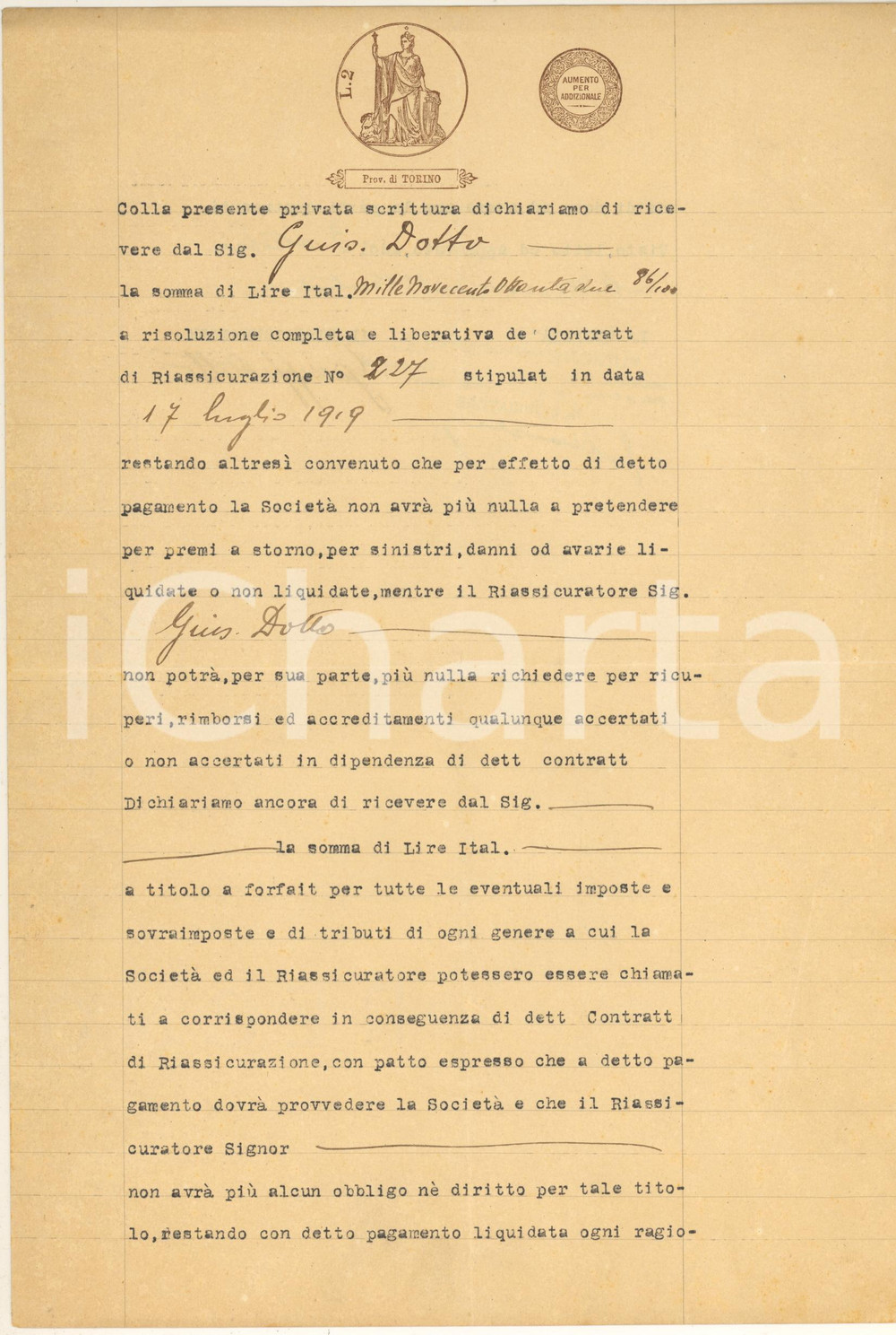 Documento originale, autentico 1922 TORINO Giuseppe DOTTO assicurato Unione Mercantile  Scioglimento contratto 1