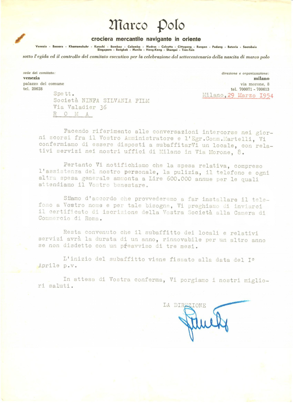 Documento originale, autentico 1954 VENEZIA Società MARCO POLO subaffitta locale a NINFA SILVANIA FILM Lettera 1