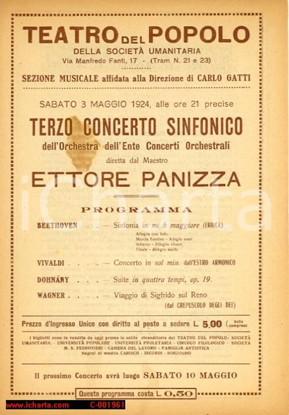 Materiale pubblicitario d’epoca 1924 MILANO Concerto maestro Ettore PANIZZA al Teatro del Popolo *Programma 1