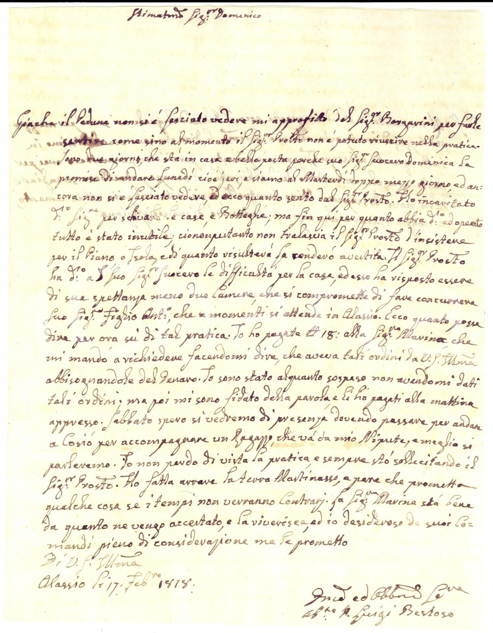 Manoscritto, lettera originale 1818 ALASSIO SV Abate Luigi BESTOSO sull eredità di una casa Lettera 1