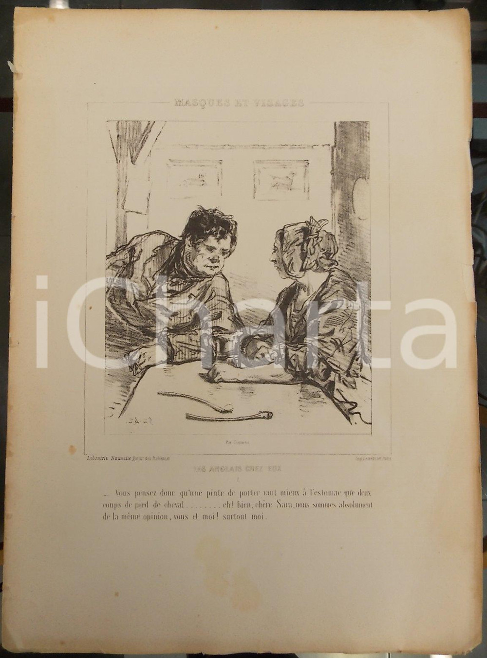 Stampa, bozzetto originale 1853 Paul GAVARNI Masques et visages  Les Anglais chez eux Tav. 1 Une pinte 1