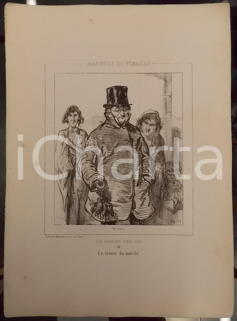 Stampa, bozzetto originale 1853 Paul GAVARNI Masques et visages  Les Anglais chez eux Tav. 10 Le marchÃ© 1