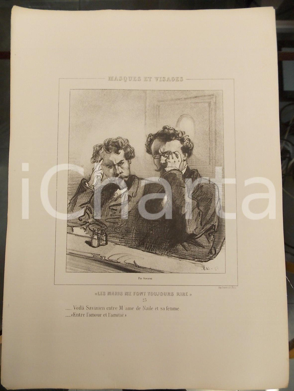 Stampa, bozzetto originale 1853 Paul GAVARNI Masques et visages  Les maris me font toujours rire Tav. 23 1