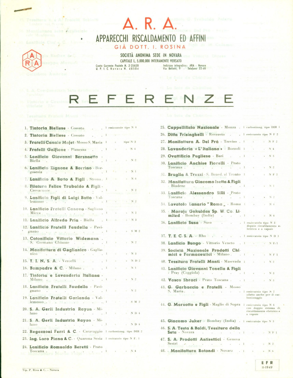 Materiale pubblicitario d’epoca 1949 NOVARA Apparecchi riscaldamento affini A.R.A. Dott. ROSINA Referenze 1