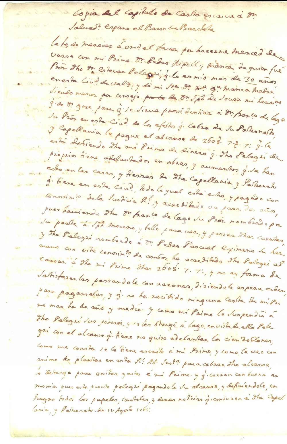 Documento originale, autentico 1761 CAGLIARI Don Pedro RIPOLL Y MANCA sul vincolo di don Esteban PELEGRI' 1