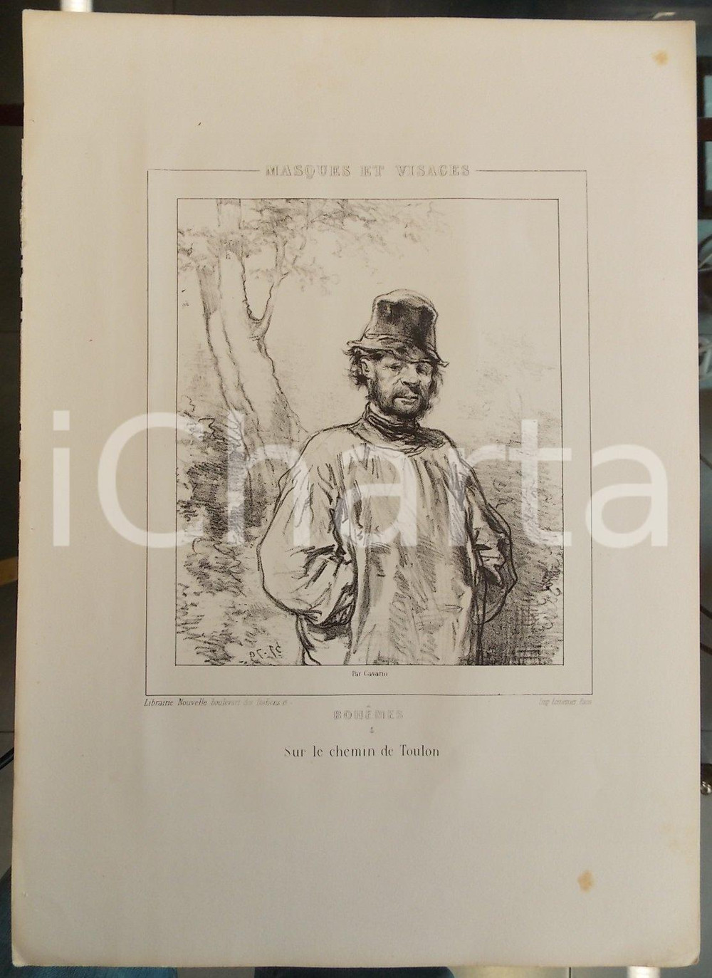Stampa, bozzetto originale 1853 Paul GAVARNI Masques et visages  Bohèmes Tav. 4 Sur le chemin de TOULON 1