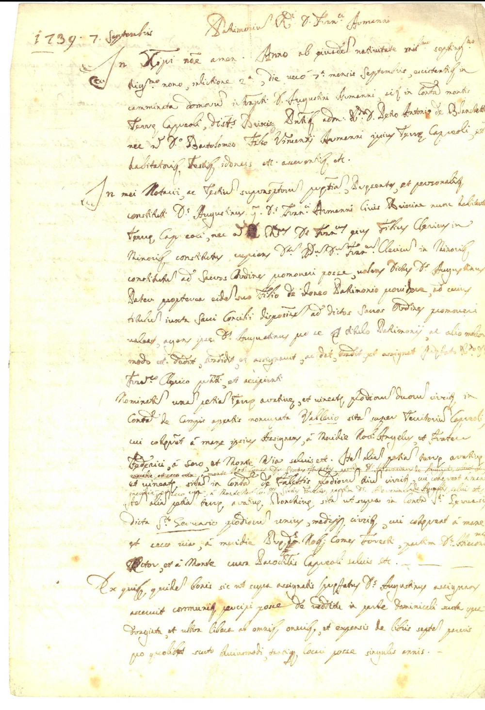 Documento originale, autentico 1739 CAPRIOLO BS Dote Francesco ARMANNI per ingresso tra i Frati Minori 1