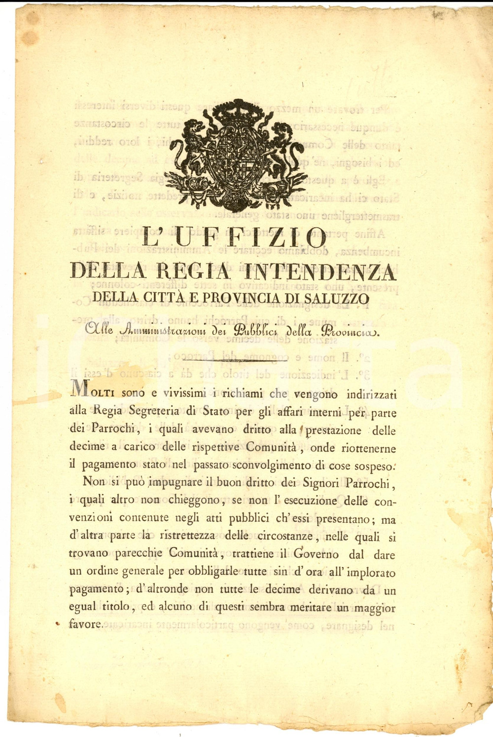 Documento originale, autentico 1816 SALUZZO (CN) RESTAURAZIONE Nuova riscossione delle decime parrocchiali 1