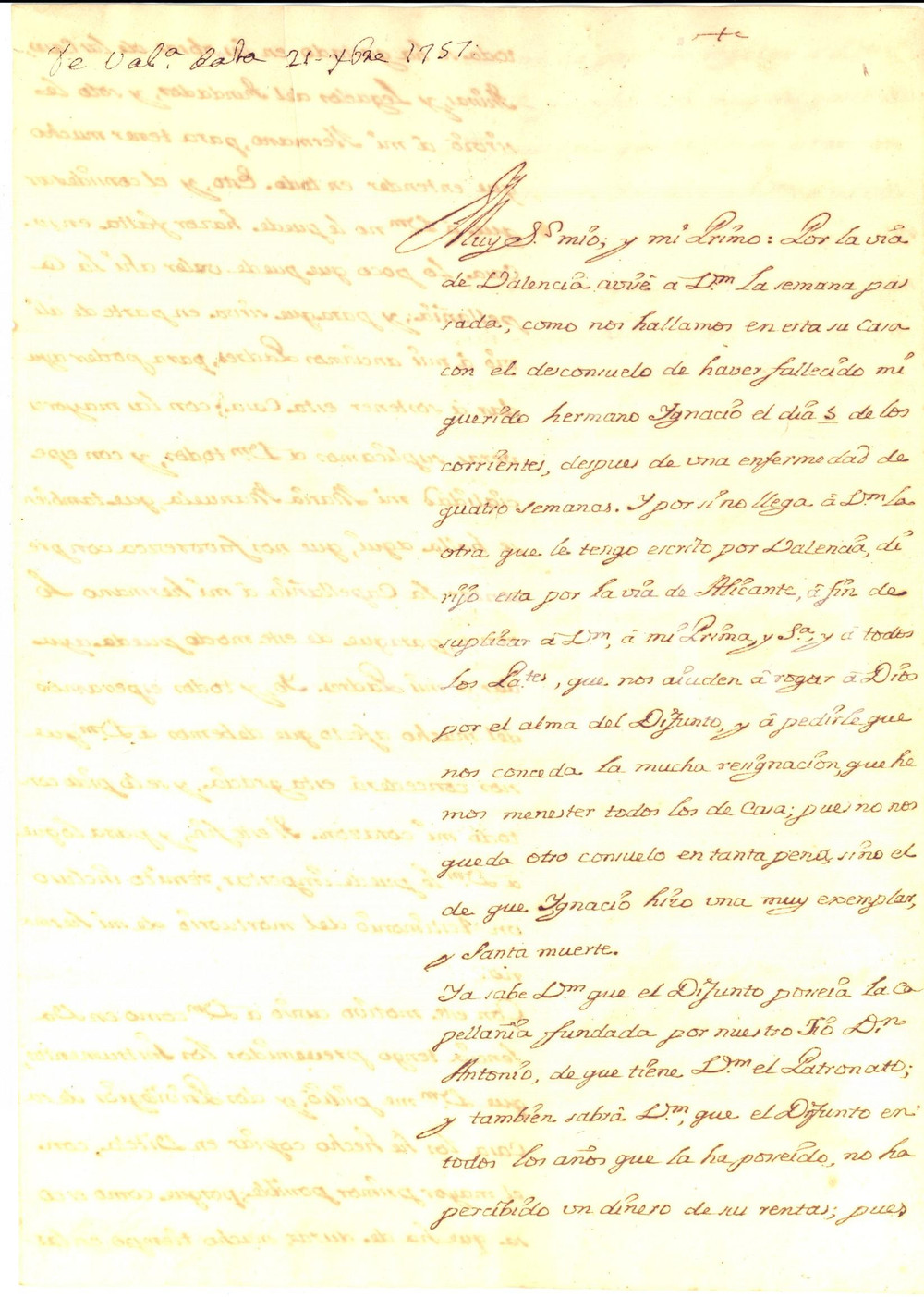 Documento originale, autentico 1757 VALENCIA Don Francisco DE LAGO sulla cappellania RIPOLL per la famiglia 1