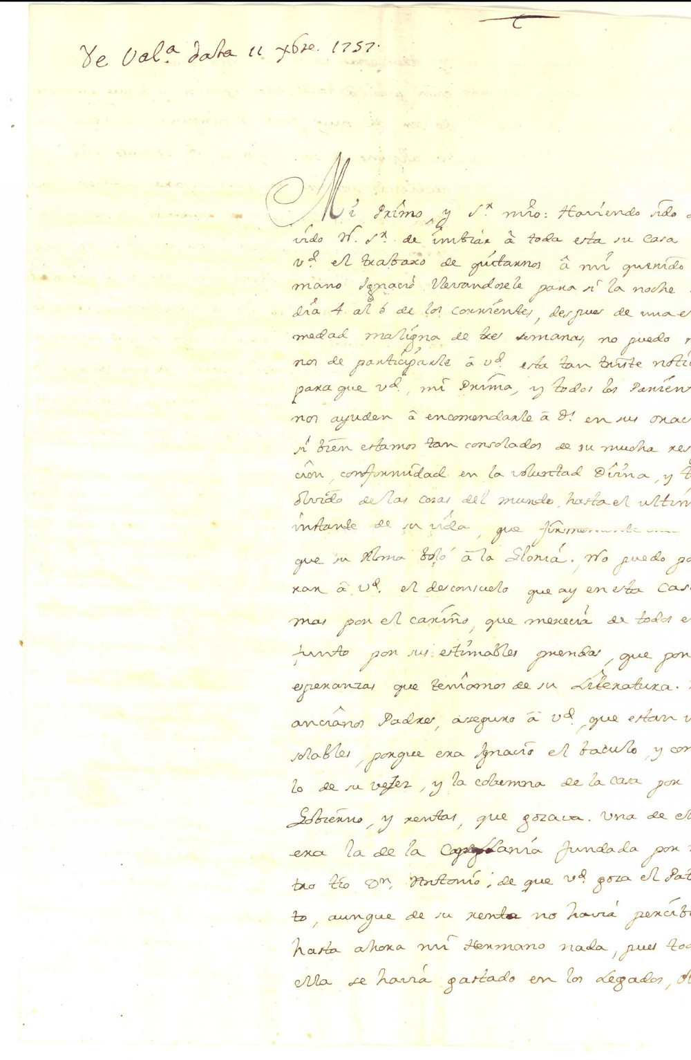 Documento originale, autentico 1757 VALENCIA Don Francisco DE LAGO scrive in morte del fratello *Lettera 1