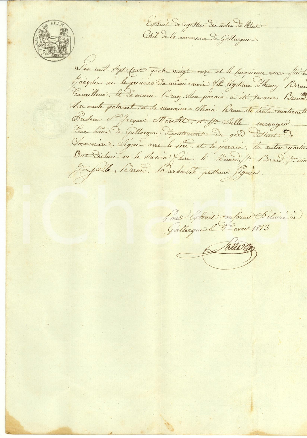 Documento originale, autentico 1813 GALLARGUES-LE-MONTUEUX  Bapteme de Jacques BERARD 1