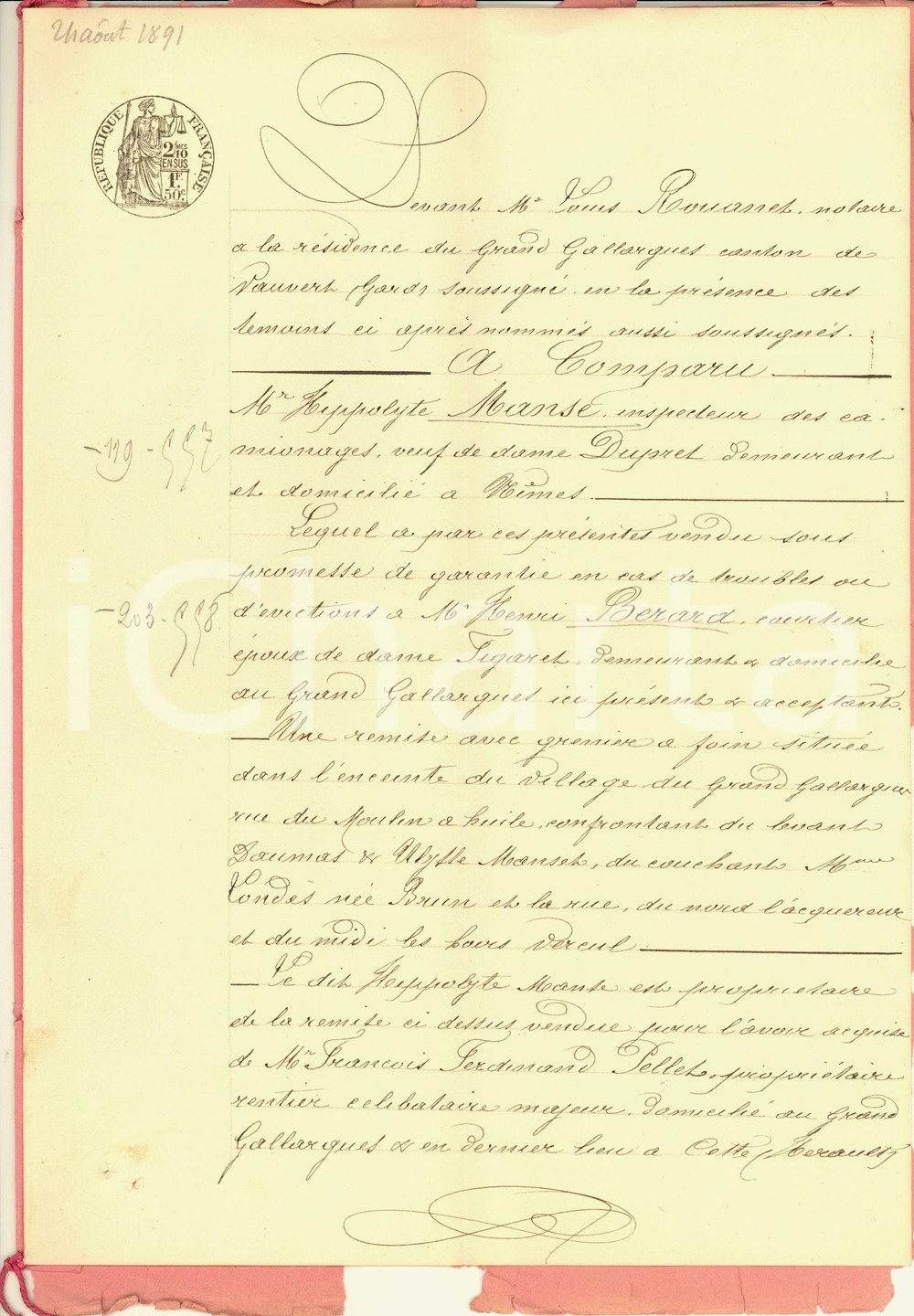 Documento originale, autentico 1891 GALLARGUES-LE-MONTUEUX Vente terre Hyppolite MANSE *Manuscript 1