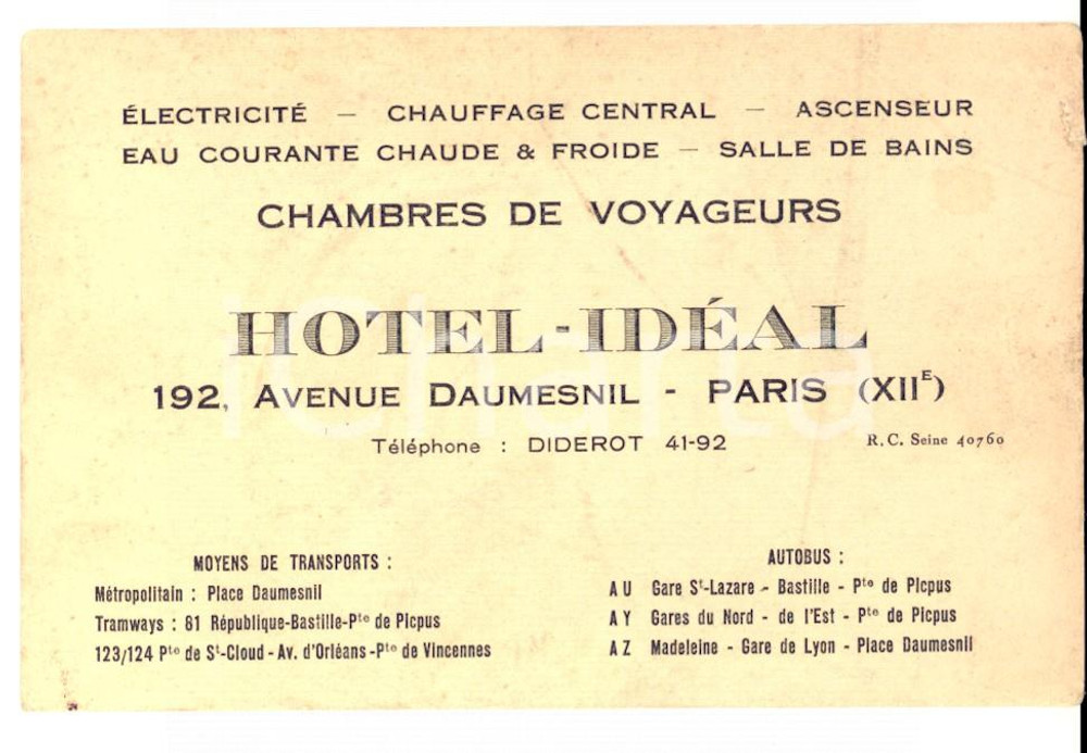 Materiale pubblicitario d’epoca 1910 ca PARIS Avenue DAUMESNIL Hotel IDEAL Chambres de voyageurs *Publicitaire 1
