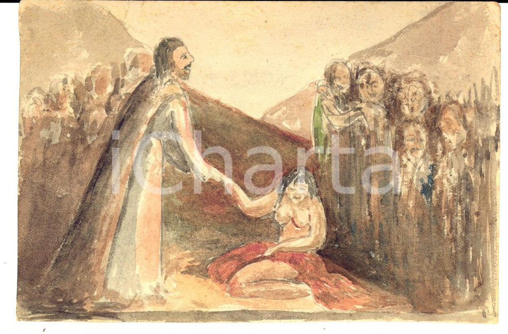 Stampa, bozzetto originale 1930 ca Maddalena pentita ai piedi di Gesù Cristo *Bozzetto ACQUERELLATO A MANO 1