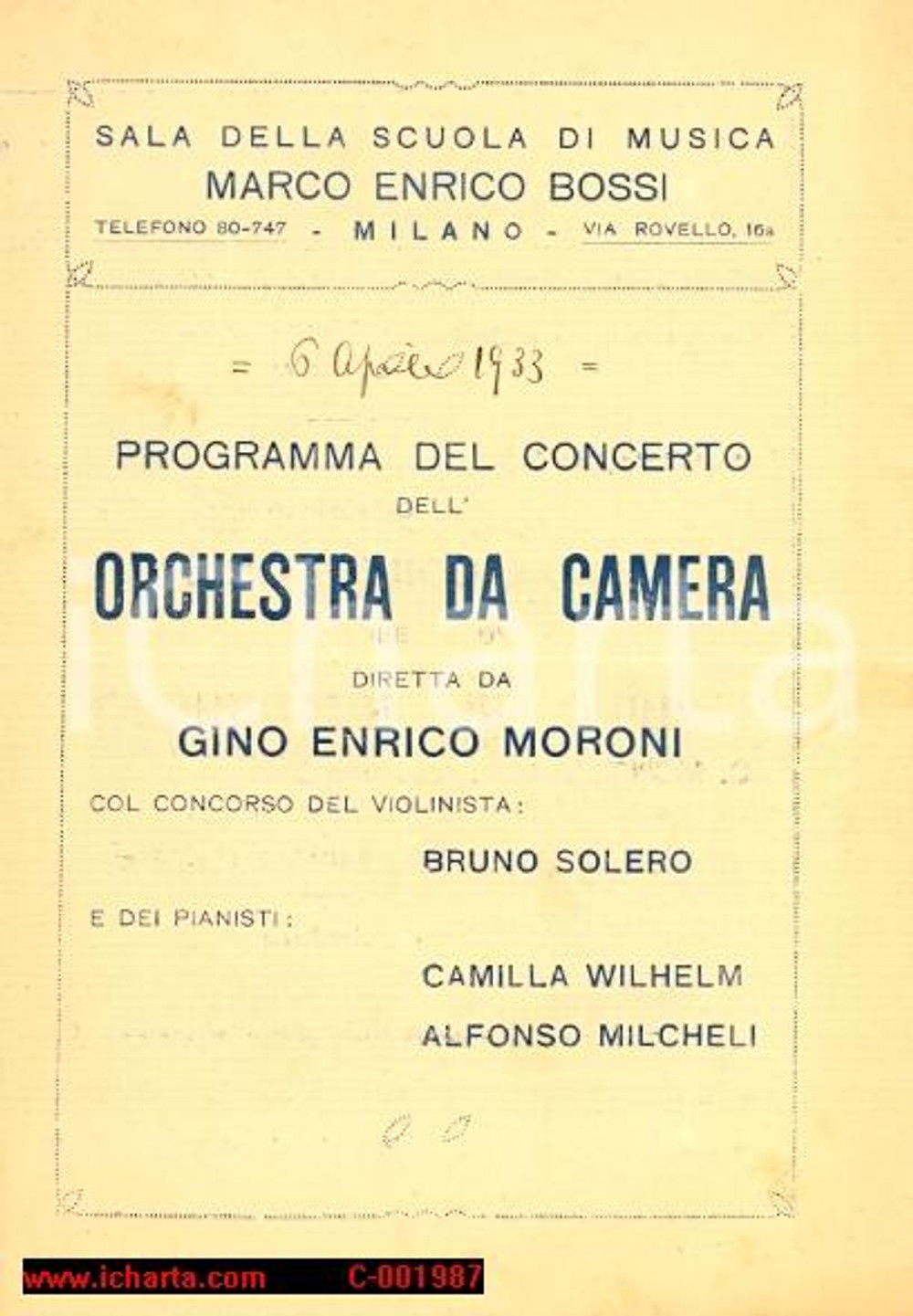 Materiale pubblicitario d’epoca 1933 MILANO Scuola di musica BOSSI Concerto orchestra di Gino Enrico MORONI 1