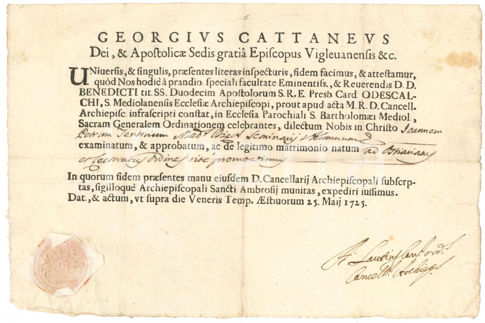 Documento originale, autentico 1725 VIGEVANO Ammissione chierico Giovanni Pietro TENTORIO all ostiariato 1
