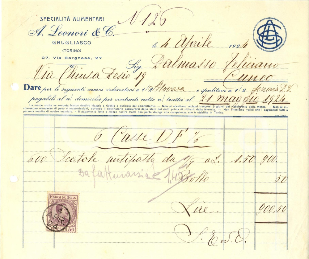 Documento originale, autentico 1924 GRUGLIASCO (TO) Specialità alimentari A. LEONORI & C. *Fattura intestata 1