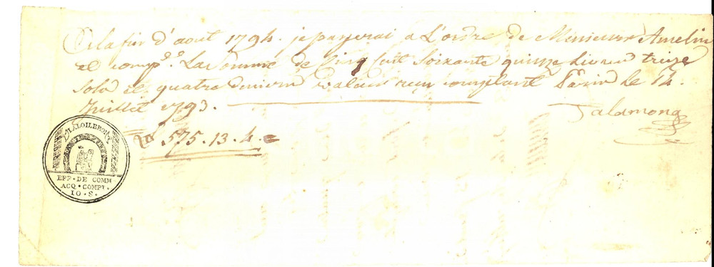 Documento originale, autentico 1793 PARIS Cambiale per società AMELIN & Cie Manoscritta 1