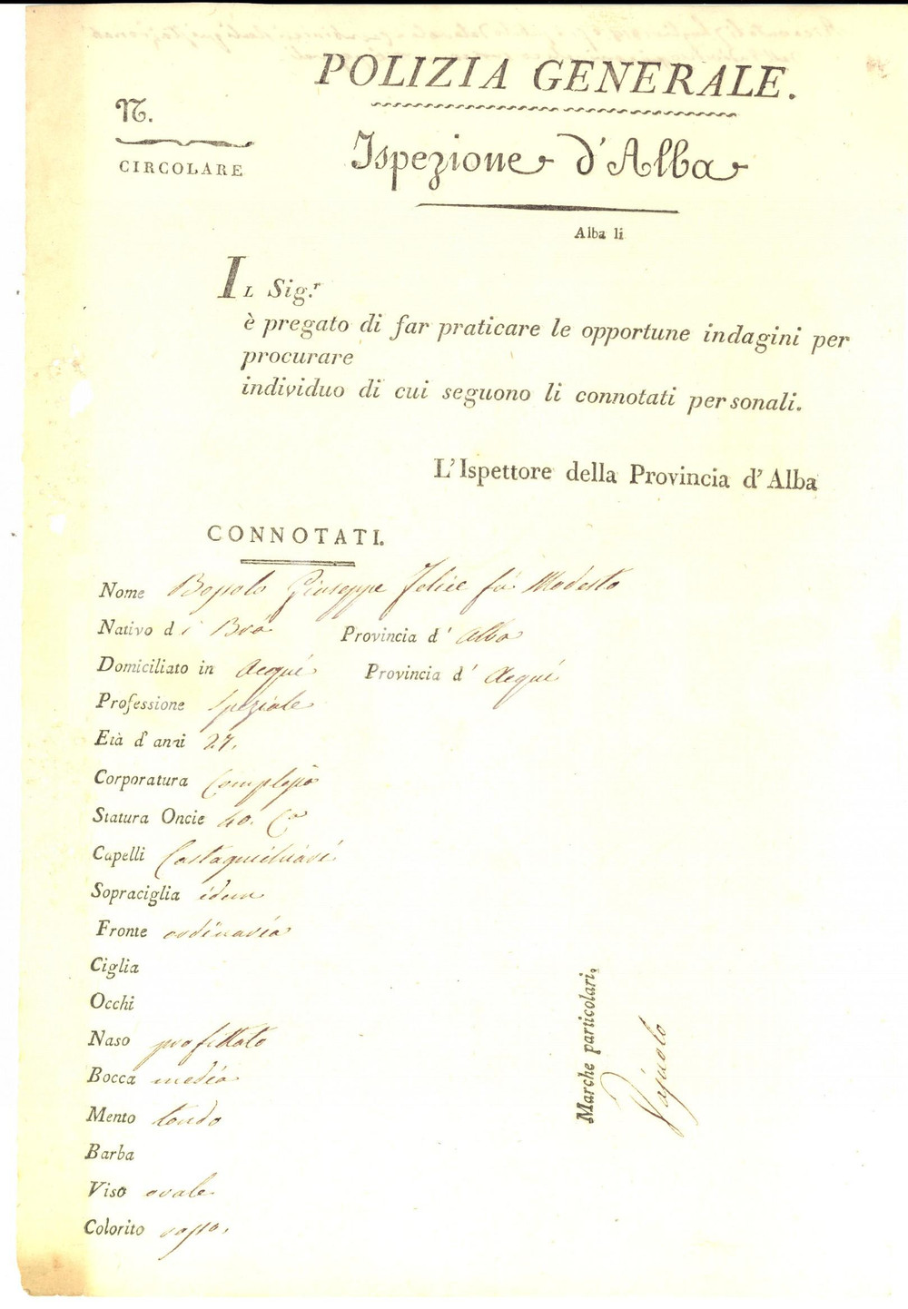 Documento originale, autentico 1818 ALBA (CN) Connotati del ricercato Giuseppe BOSSOLO speziale *Documento 1