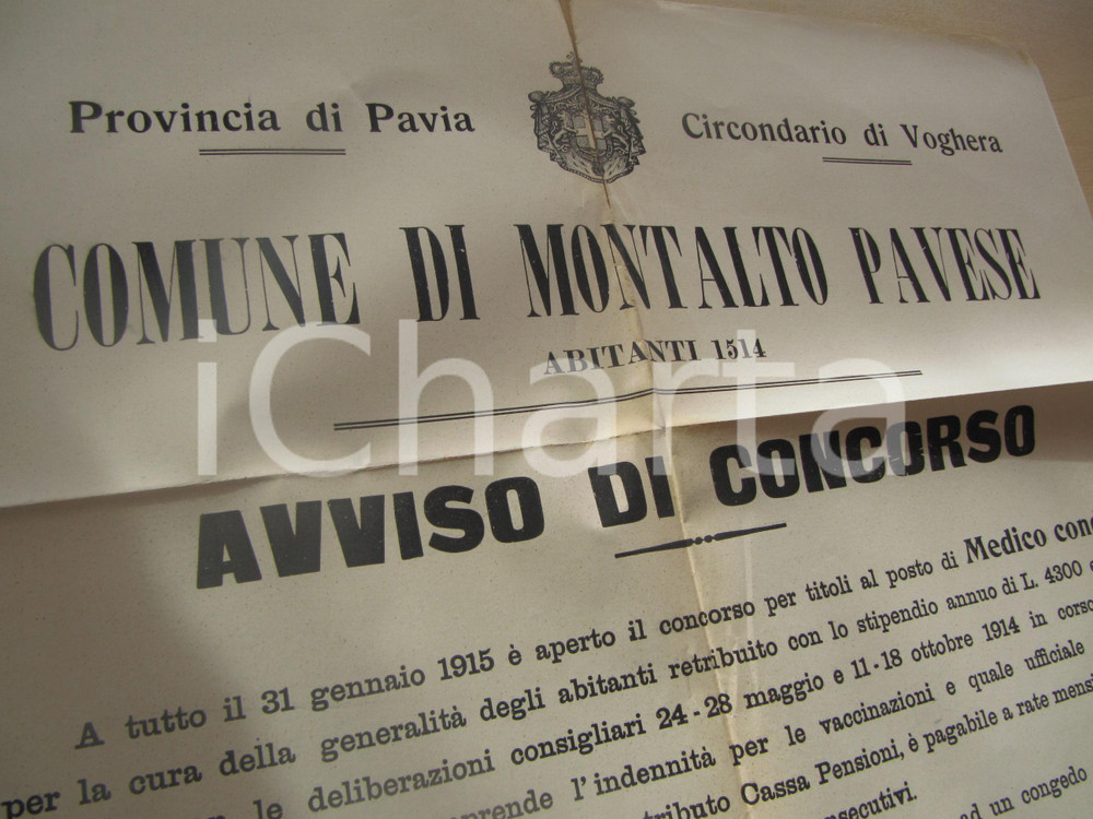 Documento originale, autentico 1914 MONTALTO PAVESE (PV) Concorso per medico condotto MANIFESTO danneggiato 1