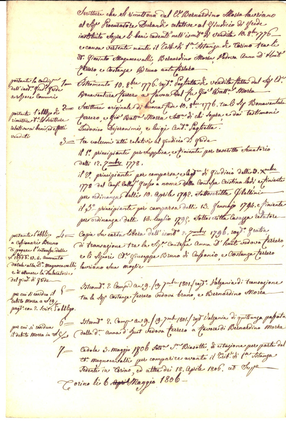Documento originale, autentico 1806 LAURIANO TO Scritture al procuratore DURANDO su eredità  Bernardino MORRA 1