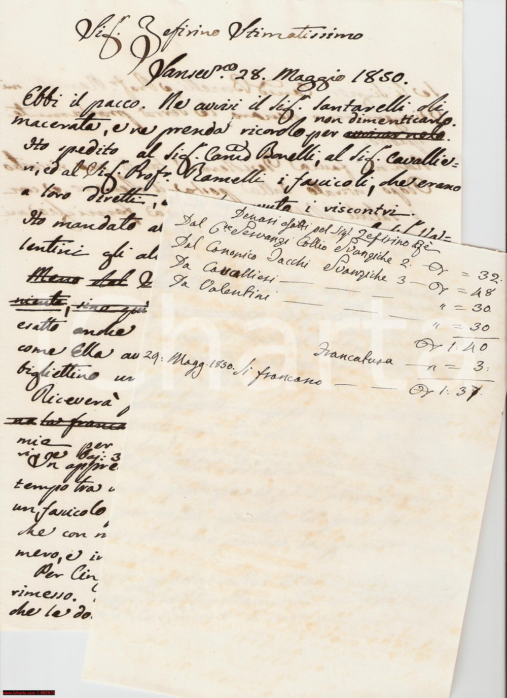 Manoscritto, lettera originale 1850 SAN SEVERINO MARCHE (MC) Severino SERVANZI COLLIO Traduzioni di ZEFIRINO RE 1