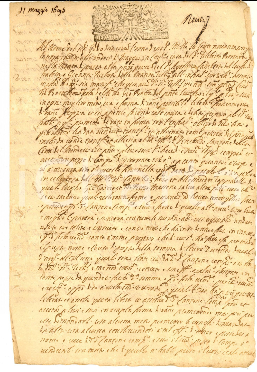 Documento originale, autentico 1695 LAGNASCO CN Bartolomeo FESTA vende campo a Vincenzo LANZONE Manoscritto 1