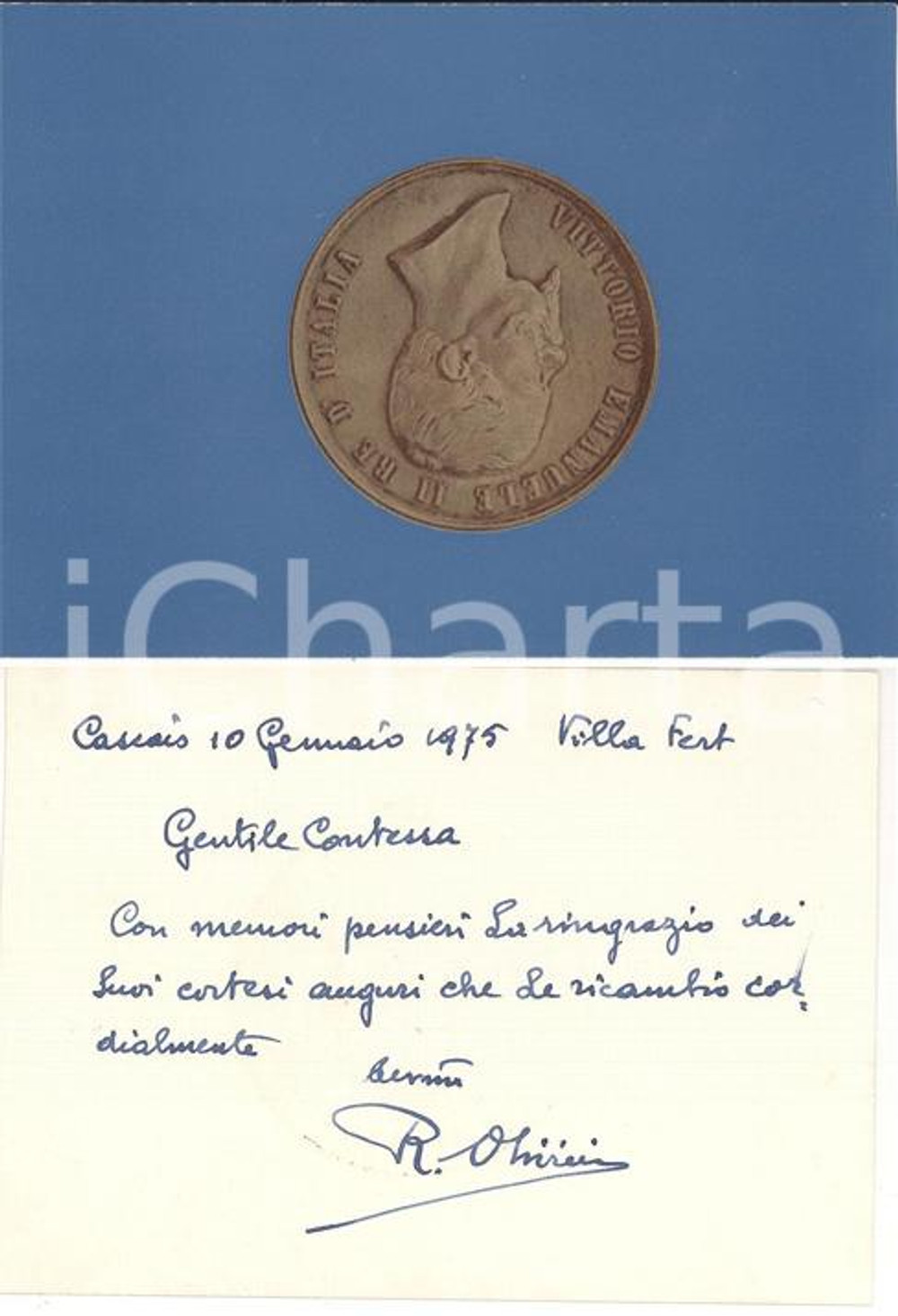 Autografo originale 1975 CASCAIS Auguri conte Raimondo OLIVIERI dalla corte UMBERTO II in esilio 1