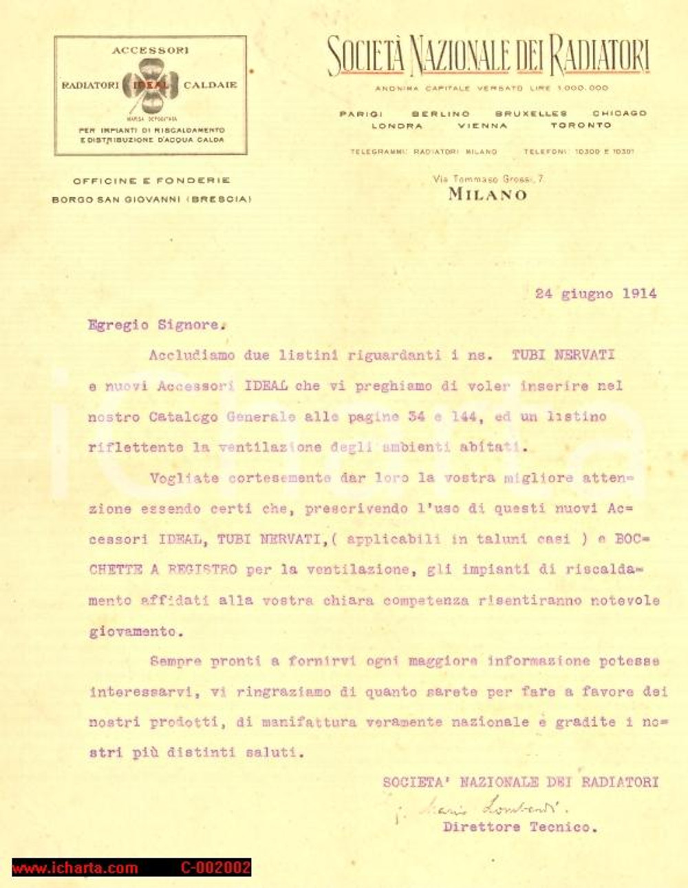Documento originale, autentico 1914 MILANO  SOCIETA  NAZIONALE DEI RADIATORI Lettera commerciale 1