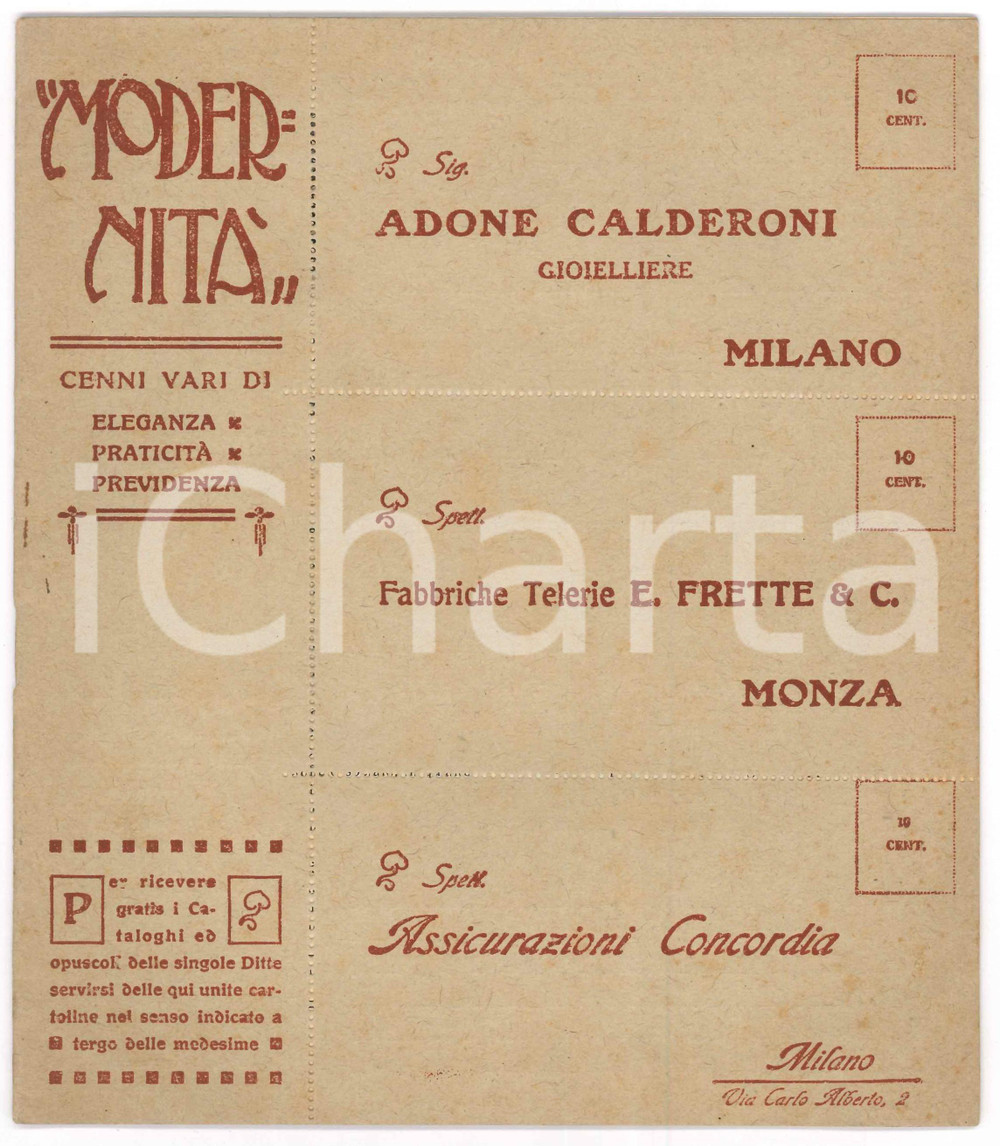 Materiale pubblicitario d’epoca 1909 MODERNITA  Pubblicazione ditte CALDERONI  FRETTE  CONCORDIA Anno I nÂ° 8 1