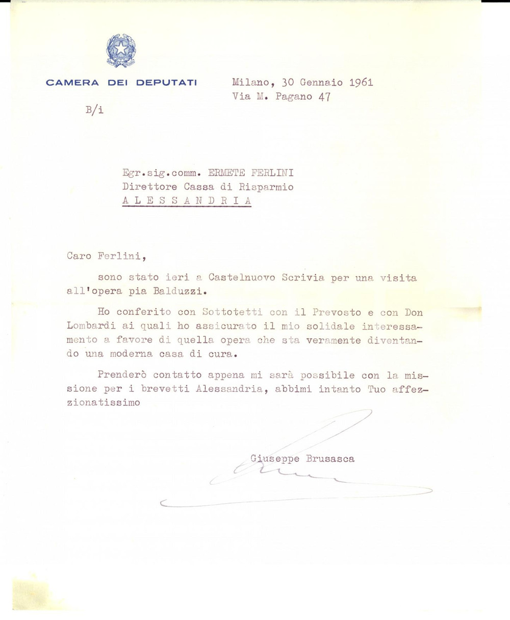 Autografo originale 1961 ROMA On. Giuseppe BRUSASCA visita Opera Pia Balduzzi *GIUSTO TRA LE NAZIONI 1