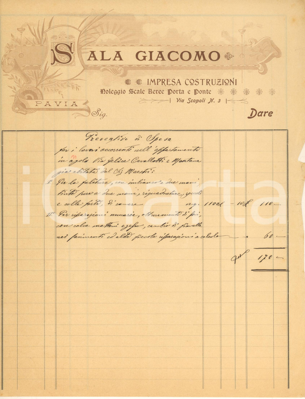 Documento originale, autentico 1910 ca PAVIA Giacomo SALA Impresa costruzioni  Lavori casa via CAVALLOTTI 1